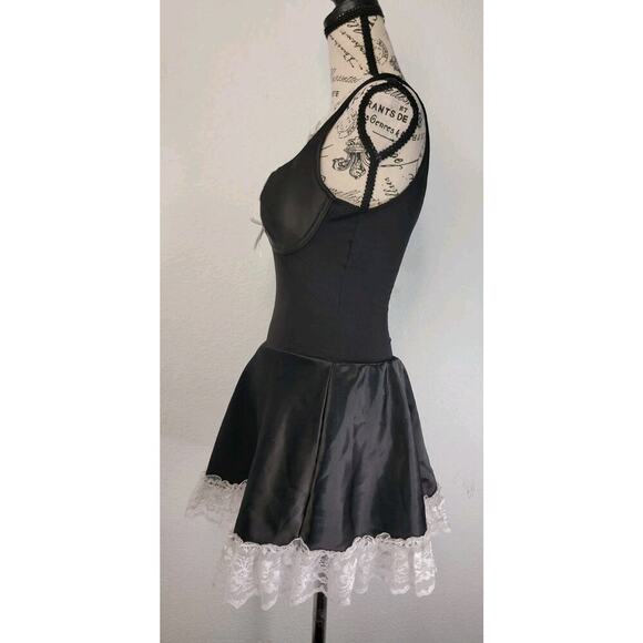 Frederick's Of Hollywood Vtg Black Satin Gothic Maid Size Small Mini Dress - Picture 3 of 9